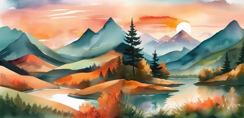 Foto op Canvas Serene landscape. A tranquil scene with mountains, a reflecting lake and a soft pastel color palette. Watercolor illustration poster. © irina1791