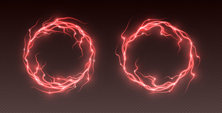 Red electric lightning frames, round thunderstorm border, realistic thunderbolts, energy flash explosion isolated on dark background. Vector illustration.