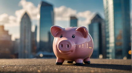 piggy bank standing against city skyscrapers, symbolizing the intersection of finance and urban living, highlighting the importance of savings in today’s fast-paced city life