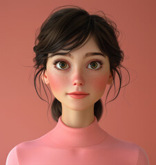 Cartoon girl, 3D and illustration for animation on backdrop. Character or studio concept for mock up. Realistic, innovative rendering. Graphic, design and creative inspiration in cutting-edge visuals