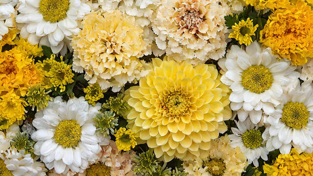 floral wall background, yellow chrysanthemum flowers