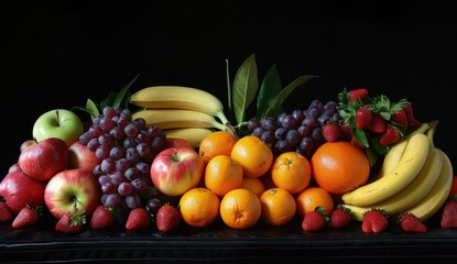 A vibrant display of diverse fruits, healthy lifestyle, healthy habits, black background.