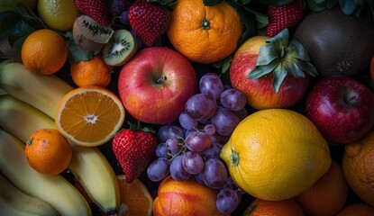 Naklejka na ściany i meble A vibrant display of diverse fruits, healthy lifestyle, healthy habits, black background.
