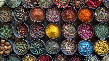 Bright Indian spices and herbs in cups top view