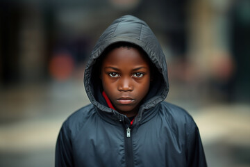 A black Beautiful boy in his teens or young talking head shoulders shot bokeh out of focus background on a cosmopolitan western street vox pop website review or questionnaire candid photo - obrazy, fototapety, plakaty