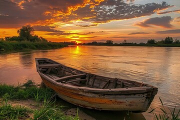 Fototapeta premium Old wooden boat anchored on the bank of a river, sunset in the background.