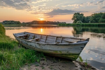 Naklejka na ściany i meble Old wooden boat anchored on the bank of a river, sunset in the background.