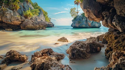 Schilderijen op glas A stunning beach with turquoise water, white sand and rocks. © Deivison