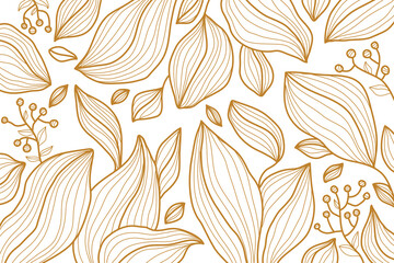 Tropical leaf line art wallpaper background vector. Natural monstera and banana leaves pattern design in minimalist linear.	 - obrazy, fototapety, plakaty