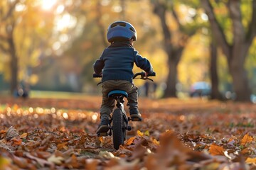 Child riding bike in sunny autumn park - 757252110