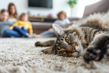 Cute pet lying on the floor of on background of family of four having rest at home.