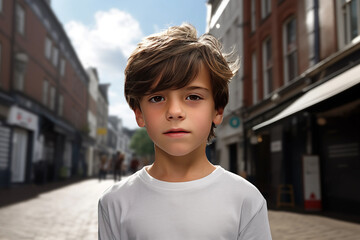 Boy White in his teens or young talking head shoulders shot bokeh out of focus background on a cosmopolitan western street vox pop website review or questionnaire candid photo