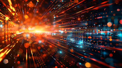 Obraz premium A dynamic and modern abstract digital artwork illustrating a vibrant explosion of orange and blue lights, representing speed, motion, and connectivity in the digital realm. Generative AI