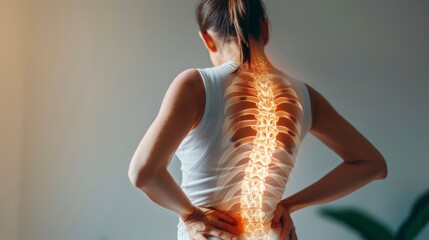 A Woman's Journey Through the Intense Discomfort of Back Pain Caused by Spinal Degeneration - obrazy, fototapety, plakaty