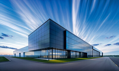 Fototapeta na wymiar Modern logistics warehouse building structure. Big modern building for storage or logistics centre. Blue sky in the background.