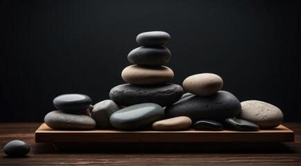 Serene Elegance Stack of Spa Stones Resting on Wooden Table Tray, Against a Dark Backdrop, Creating an Elegant Arrangement