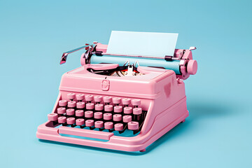 Vintage pink typewriter on blue background with space for text.