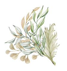 Watercolor floral illustration - green and gold leaf wreath, for wedding stationary, greetings, wallpapers, fashion, background. Eucalyptus, olive, green leaves.