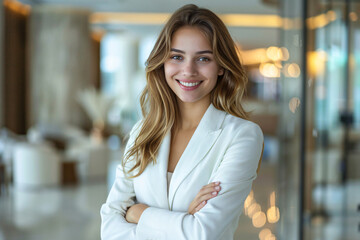 
Confident young businesswoman in a luxurious white suit with a beaming smile, embodying elegance and professionalism. Perfect for corporate and modern lifestyle themes. Generative AI