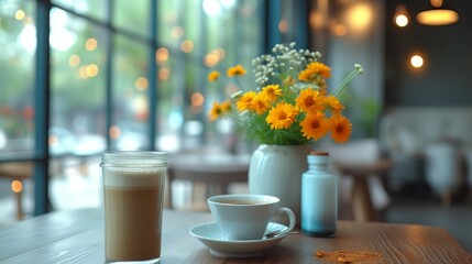 A calming coffee shop scene featuring a creamy latte in a clear glass and a cup of tea alongside a vase of fresh marigold flowers, with soft daylight streaming in. - obrazy, fototapety, plakaty