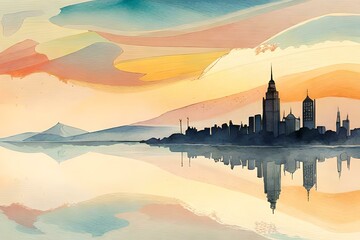 Naklejka premium pastel muted colors landscape, city buildings. ai generated