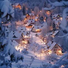 a snowy town with houses and trees