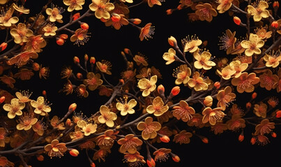 Yellow cherry blossom fantasy background, luxury wallpaper design. Generative ai