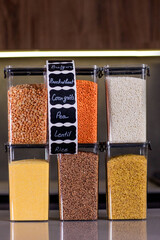 Kitchen storage organization use plastic case. Placing and sorting food products into. Keeping...