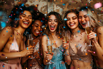 Vibrant Multicultural Squad: Toasting with Champagne and Confetti in Style - obrazy, fototapety, plakaty