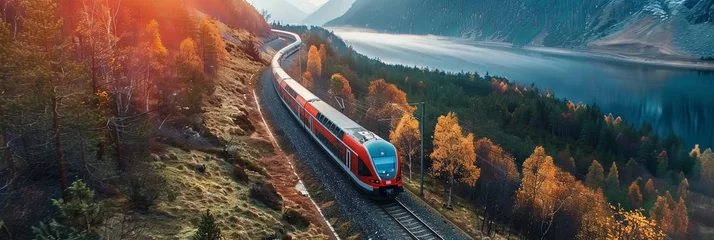 Foto auf Acrylglas Railroad landscape in mountains with train aerial view © Barosanu