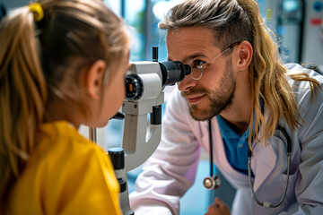 Young girl undergoes annual eye check-up with pediatric optometrist to evaluate vision.