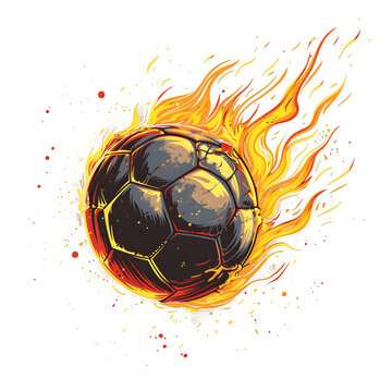 image of a flying soccer ball on fire drawn in flat style, soccer ball on fire on a dark background. Transparent background