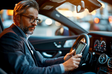 Multitasking Entrepreneur: Businessman Juggling Tasks on Tablet While Driving