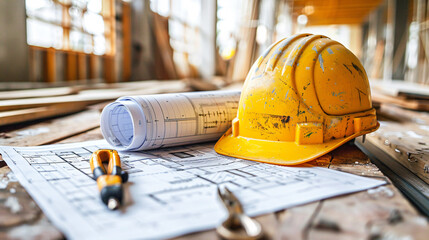 Construction helmet, tools and blueprints. Generative AI