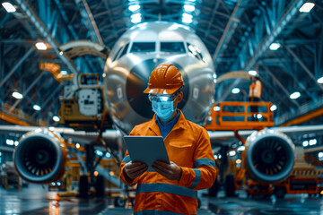 Revolutionary Engineer Directing Aircraft Assembly in Hangar with Tablet in Hand
