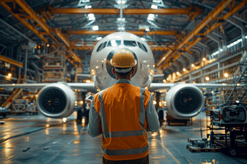 Aircraft Engineer Supervising Construction in Hangar with Digital Tablet - 757254308