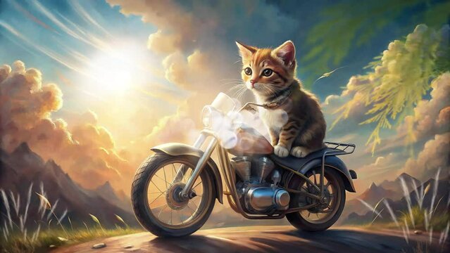 cat on a motorbike on the edge of a hill with a clear sky and mountains in the background