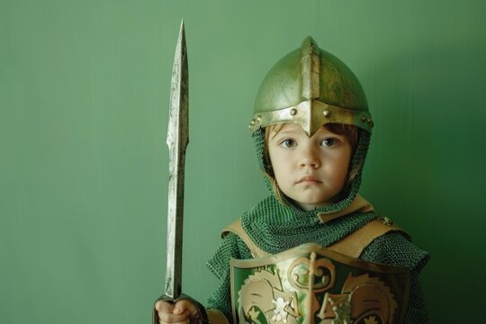 Child with knight armor, concept of play, fun and children's day.