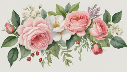 A panoramic watercolor painting of a delicate floral garland, featuring roses and wildflowers in soft pastel hues