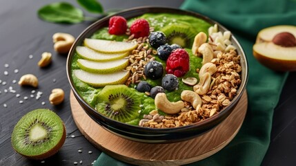 Green Smoothie Bowls with Kiwi, Pear, Nuts, and Granola