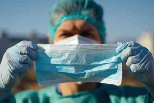 Person holding mask, hospital in the background, protection concept, world health day.