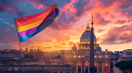 gay flag flying next to St. Peter's Basilica on a beautiful sunset - obrazy, fototapety, plakaty