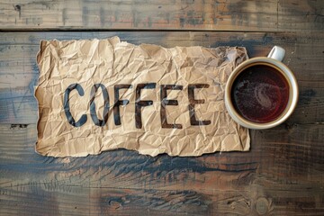 Coffee mug and word coffee written on a paper on wooden table. - obrazy, fototapety, plakaty