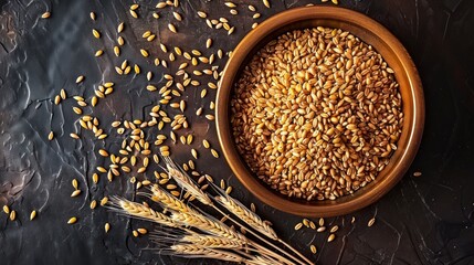 Capturing the Essence of Ripe Barley from Above, Presented in a Bowl on a Dark Background