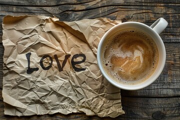 Coffee mug and word love written on a paper on wooden table. - obrazy, fototapety, plakaty