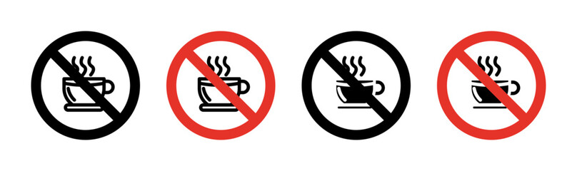 No coffee cup sign icon set. Prohibition of coffee cups in specific zones vector symbol in a black filled and outlined style. Coffee cup use restricted and environmental care sign.