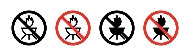No barbecue with fire sign icon set. Ban on open fire grilling and summer barbecue vector symbol in a black filled and outlined style. Fire use for cooking and grilling prohibited sign.