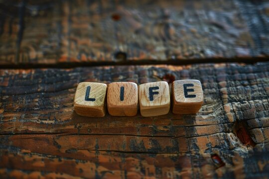 Dice with word life on wooden table.