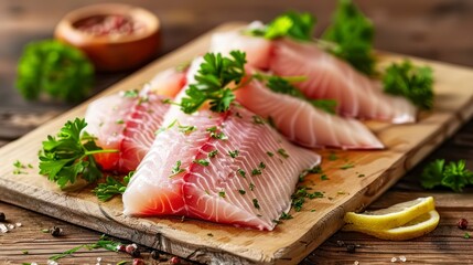 Raw Fish Fillet Enhanced with Fragrant Parsley, Presented on Wood