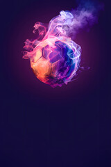 illustration of a soccer ball in colored smoke on a dark purple background, background image in neon colors with space for text with a soccer ball and smoke
